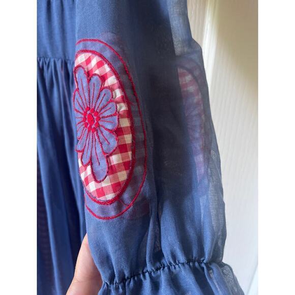 Vintage Pat Richards red and white checkered dress with blue overlay, maxi - Picture 2 of 8